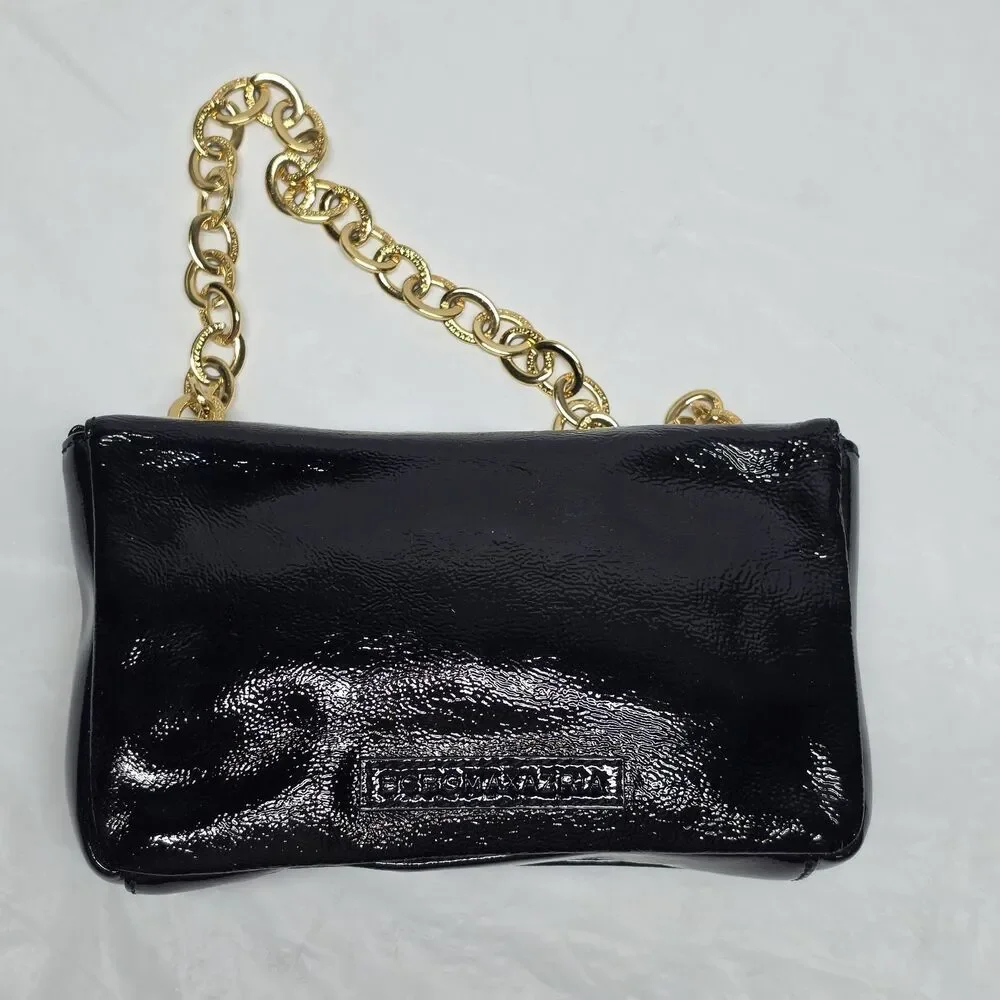 BCBGMaxAzria Black Patent Leather Clutch Evening Bag Gold Hardware Party Prom